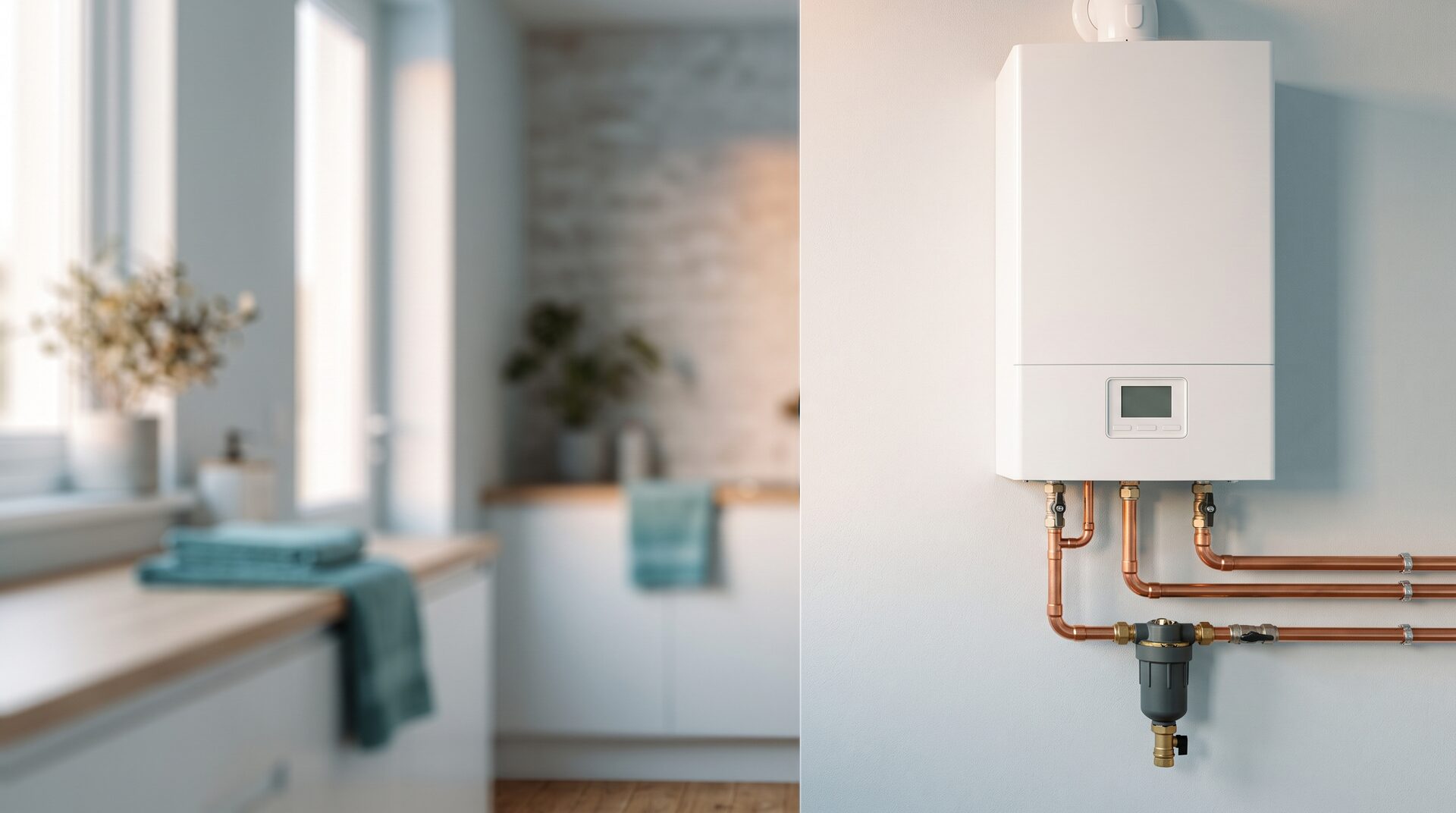 A modern wall-mounted boiler with neat copper pipework